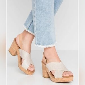 Toms Ibiza Crisscross Beige Wedge Cork Platform Sandals Block Heel 3" US 10